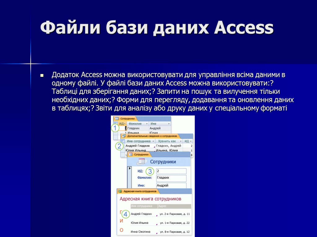 Файли бази даних Access Додаток Access можна використовувати для управління всіма даними в одному